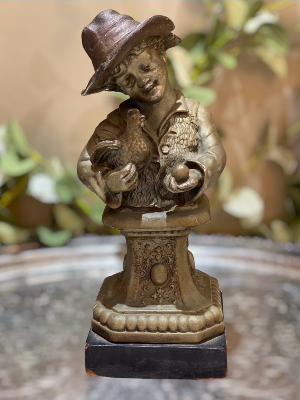 Antique Cast Metal Sculpture Boy with Hen Chicken Egg Wood Base